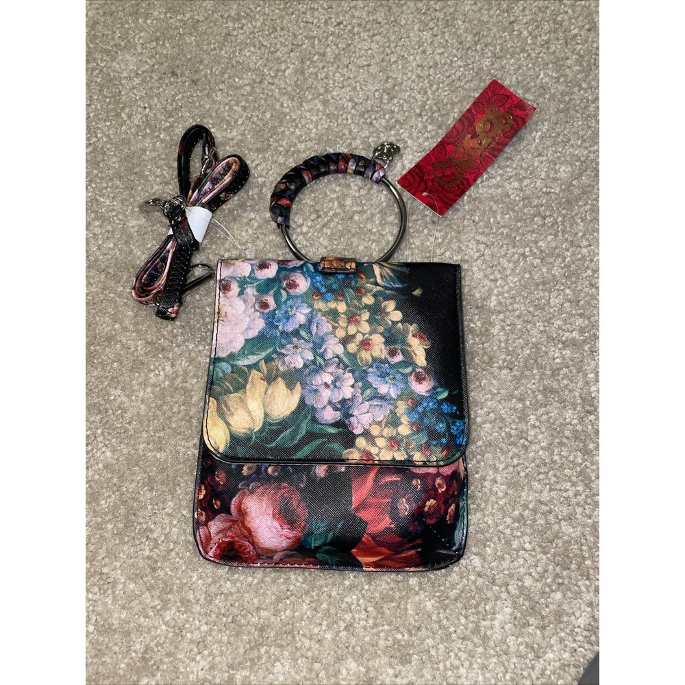 Carlos by Carlos Santana Floral Small Crossbody Bag Ring Handle NWT Black Multi